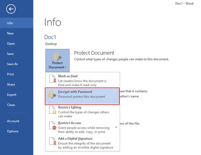 Menu bảo vệ tài liệu Protect Document