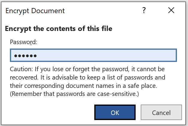 Cửa sổ đặt mật khẩu mã hóa Encrypt Document