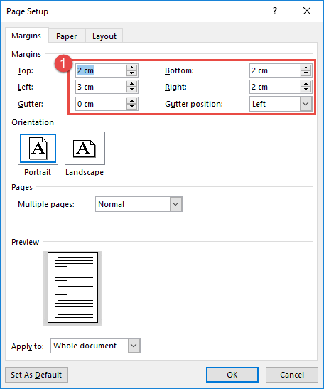 Thiết lập Margins trong hộp thoại Page Setup