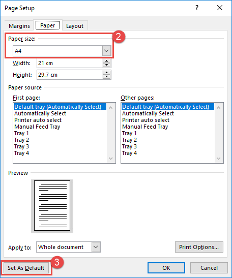 Chọn khổ giấy A4 trong thẻ Paper