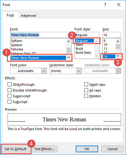 Thiết lập phông chữ Times New Roman