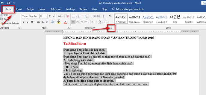 Menu nhóm lệnh Paragraph trên thanh Ribbon
