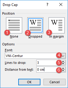 Hộp thoại Drop Cap Options
