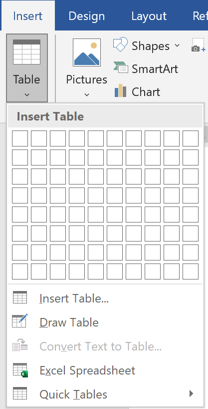 Hộp thoại Insert Table