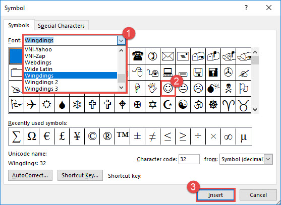 Hộp thoại More Symbols trong Word