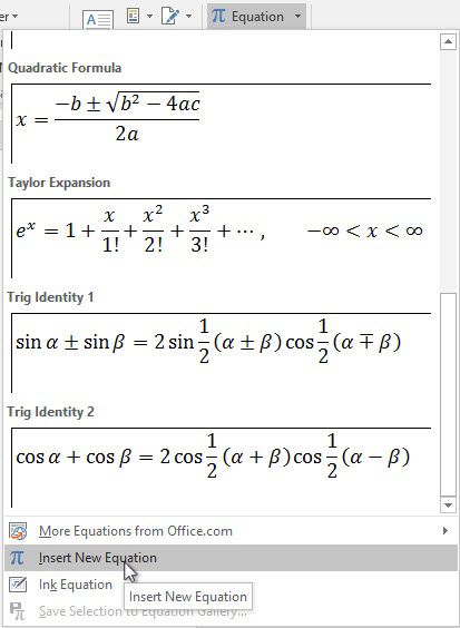 Menu chèn Equation