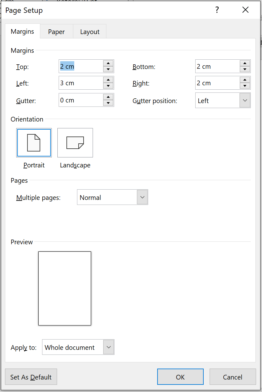 Hộp thoại Page Setup trong Word