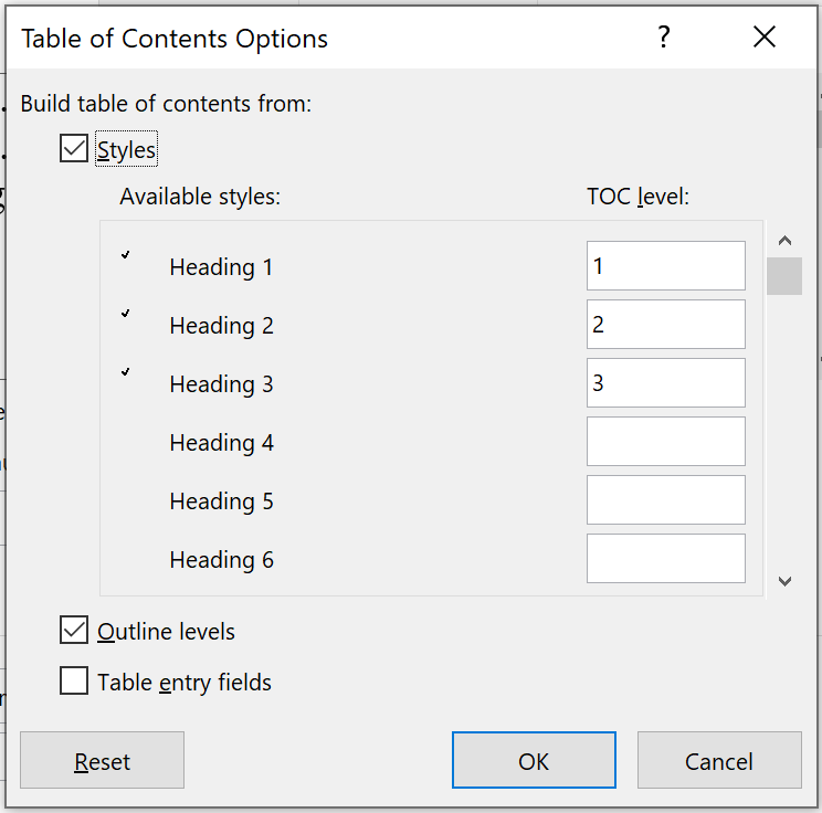 Tùy biến cấp độ trong Table of Contents Options