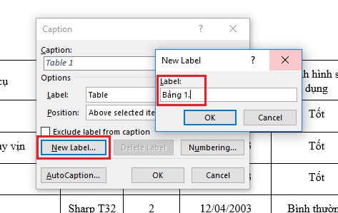 Hộp thoại Caption cho Bảng