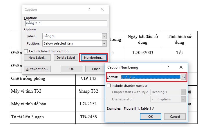 Định dạng số Numbering cho Caption